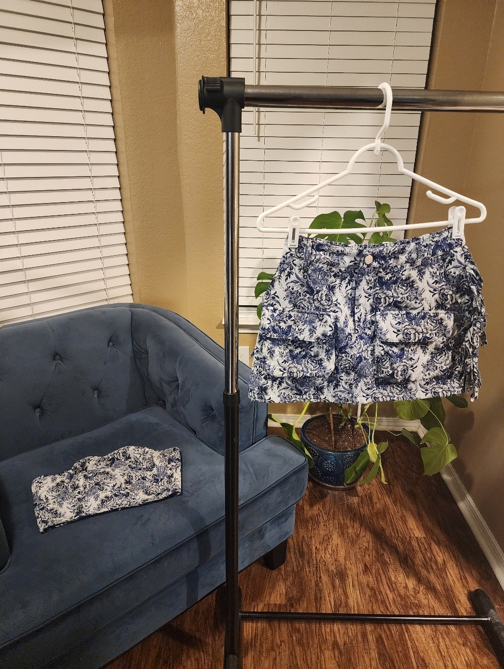Two-Piece Blue & White Floral Denim Mini Skirt and Corset Tube Top Shirt